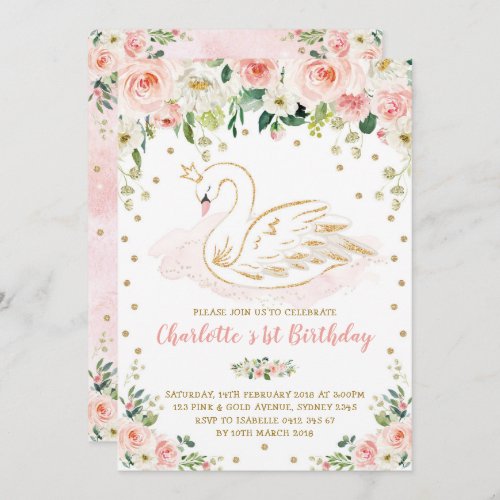 Pretty Swan  Blush Pink Gold Floral Girl Birthday Invitation