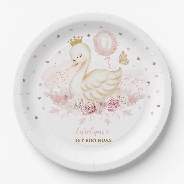 Pretty Swan Princess Blush Gold Balloon Birthday Paper Plates (Front)