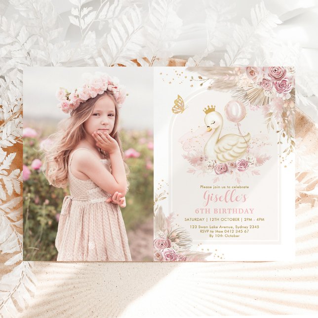 Pretty Swan Princess Boho Pink Floral Birthday Invitation (Creator Uploaded)
