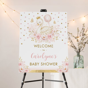 Pretty Swan Princess Pink Gold Baby Shower Welcome Foam Board