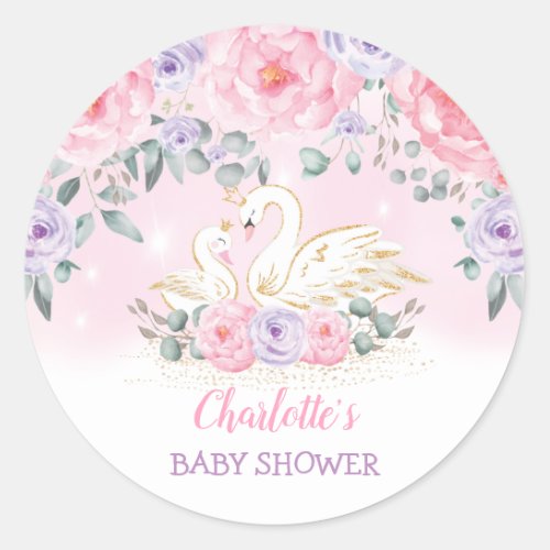 Pretty Swan Princess Purple Pink Floral Favors Classic Round Sticker
