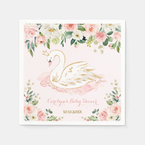 Pretty Swan Princess Watercolor Rose Baby Shower Napkins