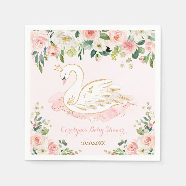 Pretty Swan Princess Watercolor Rose Baby Shower Napkins (Front)