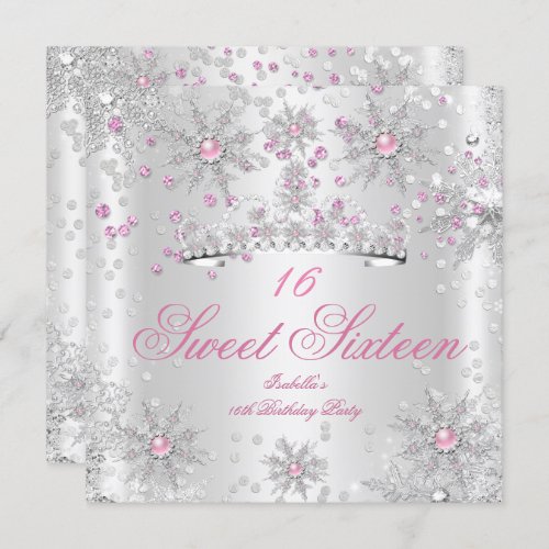 Pretty Sweet 16 Pink White Winter Wonderland Invitation