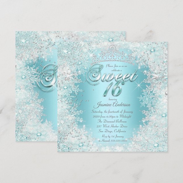 Pretty Sweet 16 Teal blue Silver Winter Wonderland Invitation (Front/Back)