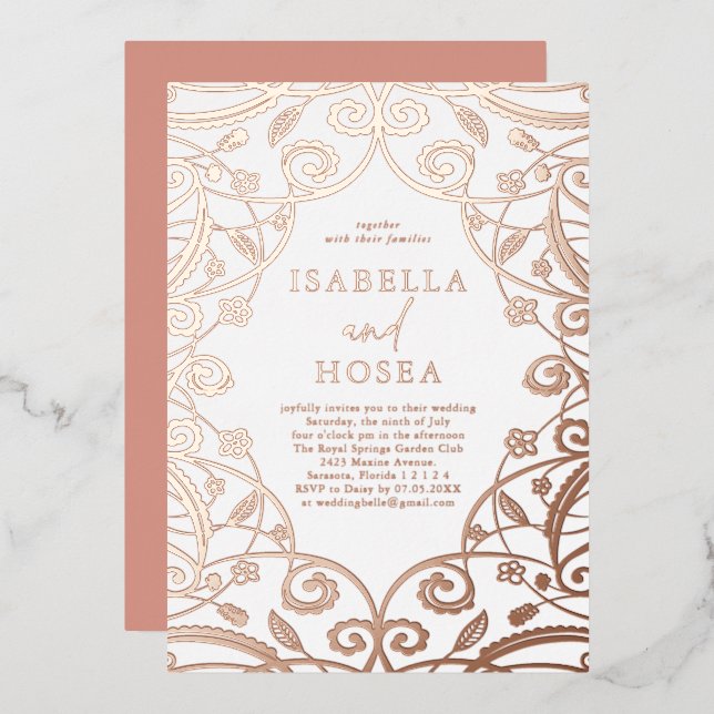 Pretty Sweet Rose Gold Floral Lace Wedding Foil Invitation (Front/Back)