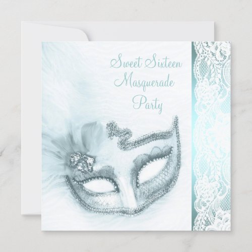 Pretty Sweet Sixteen Teal Blue Masquerade Party Invitation