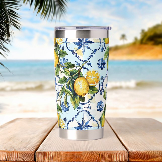 Pretty Talavera Tile All-Over Print Lemons Insulated Tumbler (Beach)