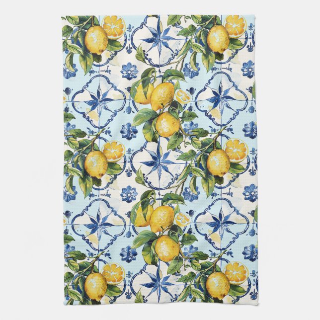 Pretty Talavera Tile All-Over Print Lemons Kitchen Towel (Vertical)