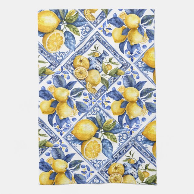 Pretty Talavera Tile All-Over Print Lemons Kitchen Towel (Vertical)