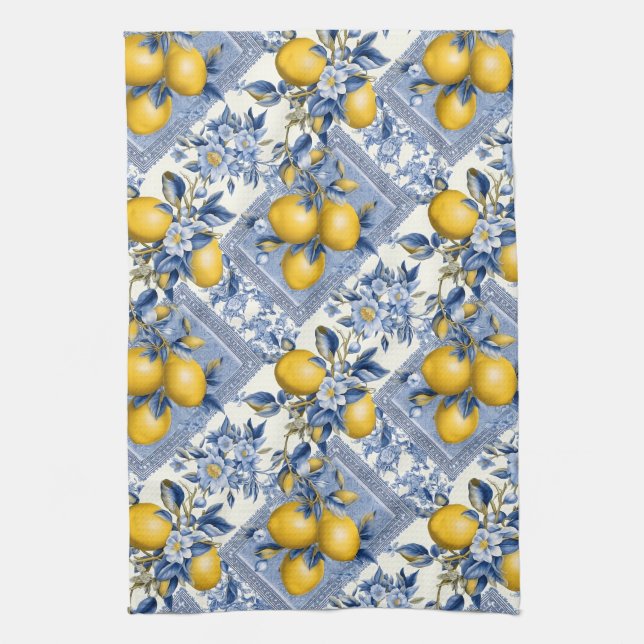 Pretty Talavera Tile All-Over Print Lemons Kitchen Towel (Vertical)