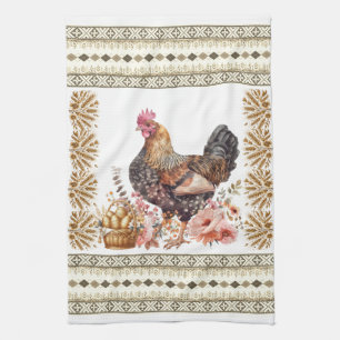 Pretty Tan Gold Brown Chicken Hen Slavic Pattern  Kitchen Towel