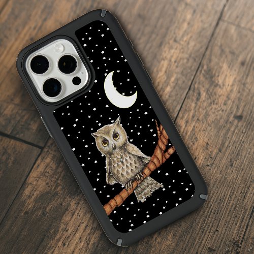 Pretty Tan Owl Blue Necklace Moon Stars Black Sky iPhone 15 Pro Max Case