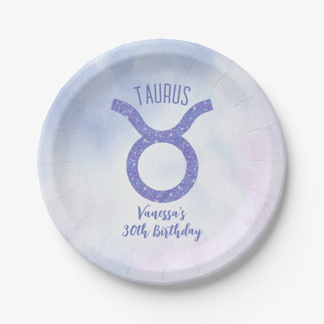 Pretty Taurus Astrology Sign Custom Birthday Party Paper Plates (Front)