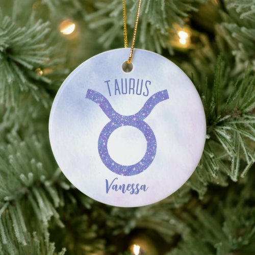 Pretty Taurus Astrology Sign Personalized Purple Ceramic Ornament