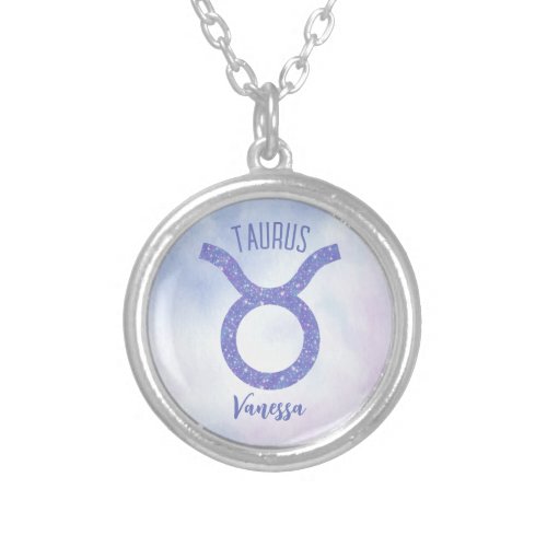 Pretty Taurus Astrology Sign Personalized Purple Silver Plated Necklace