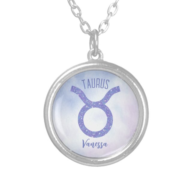 Pretty Taurus Astrology Sign Personalized Purple Silver Plated Necklace (Front)