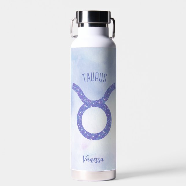 Pretty Taurus Astrology Sign Personalized Purple Water Bottle (Front)