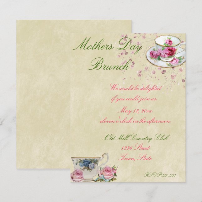 Pretty Tea Cups, Mother's Day or Wedding Brunch Invitation (Front/Back)