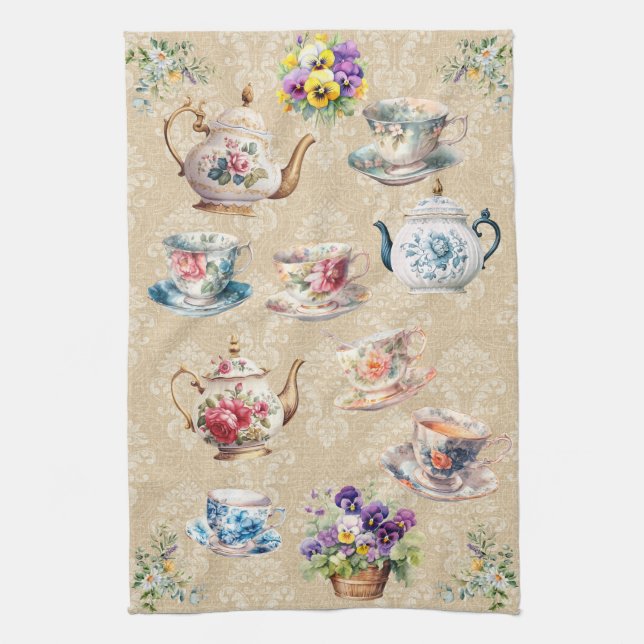 Pretty Teacup Teapot Towel Damask Floral Pansies (Vertical)