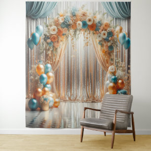 Pretty Teal and Orange Floral Balloon Arch Hanging Tapestry