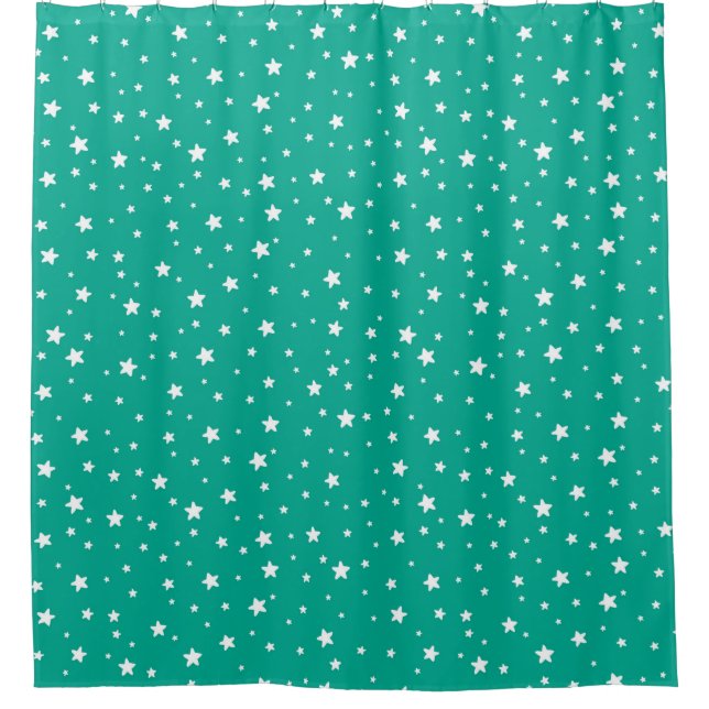 Pretty Teal and White Stars Celestial Sky Shower Curtain (Front)