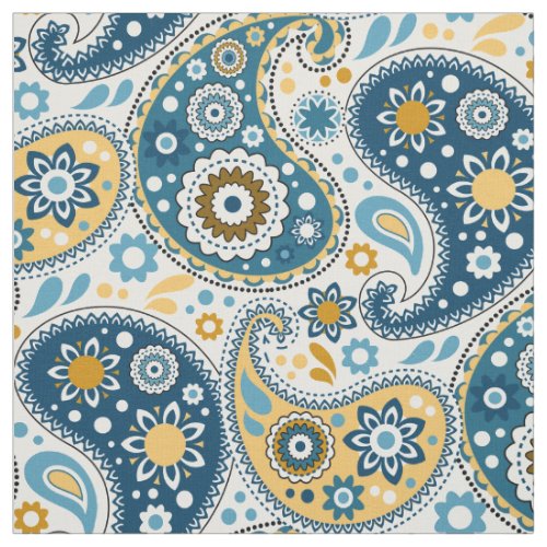 Pretty Teal Aqua and Gold Paisley Print Pattern Fabric