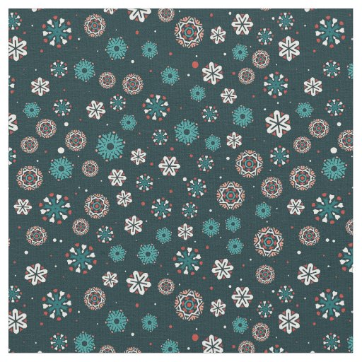 Pretty Teal Aqua Red White Scandinavian Snowflakes Fabric