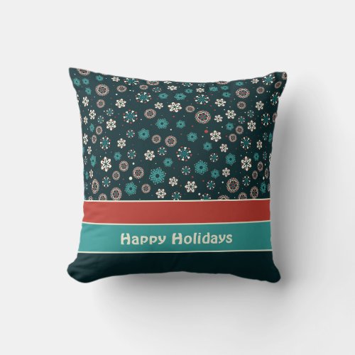 Pretty Teal Aqua Red White Scandinavian Snowflakes Throw Pillow