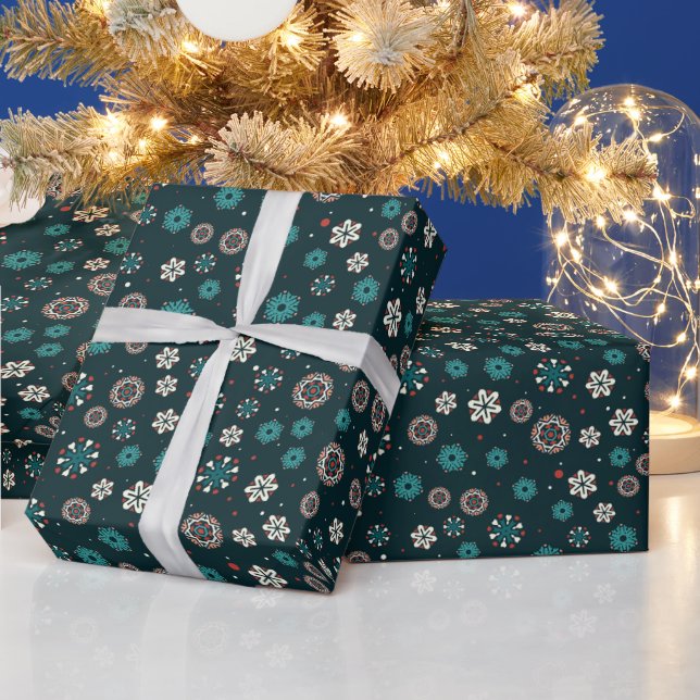 Pretty Teal Aqua Red White Scandinavian Snowflakes Wrapping Paper (Holidays)