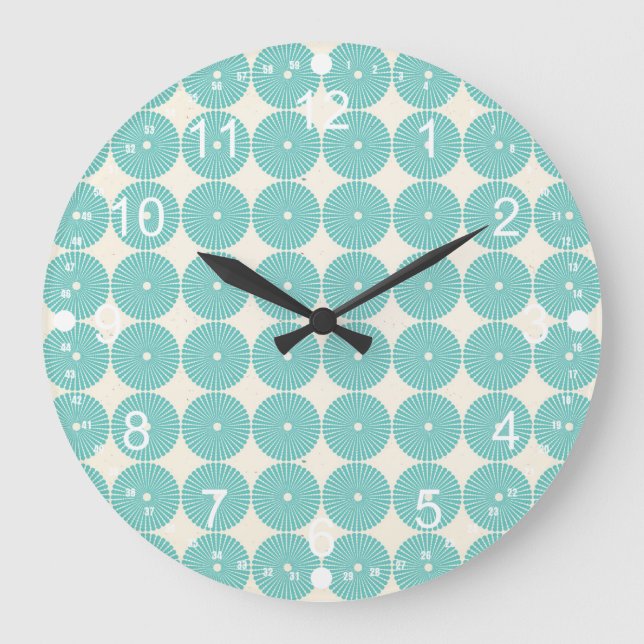 Pretty Teal Aqua Turquoise Blue Circles Disks Large Clock (Front)