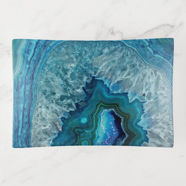 Pretty Teal Aqua Turquoise Geode Marble Pattern Trinket Tray (Front)