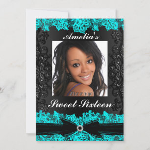 Pretty Teal & Black Lace Photo Sweet 16 Invite