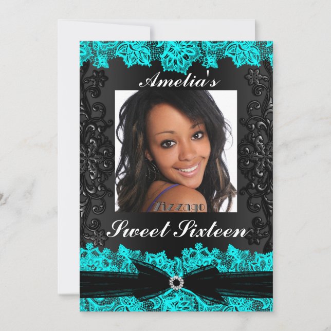 Pretty Teal & Black Lace Photo Sweet 16 Invite (Front)