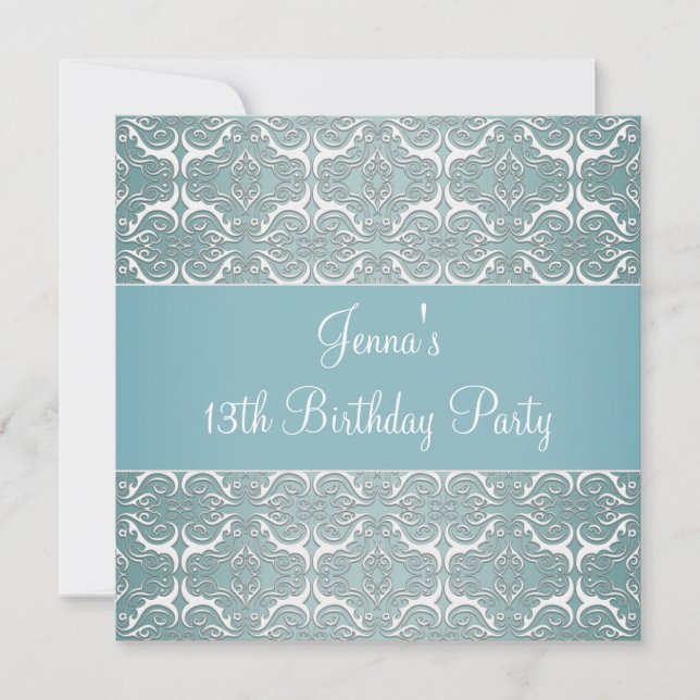 Pretty Teal Blue Damask 13th Birthday Party Invitation (Front)