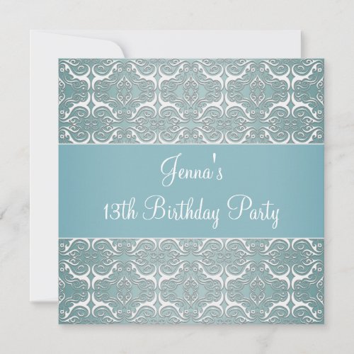 Pretty Teal Blue Damask 13th Birthday Party Invites