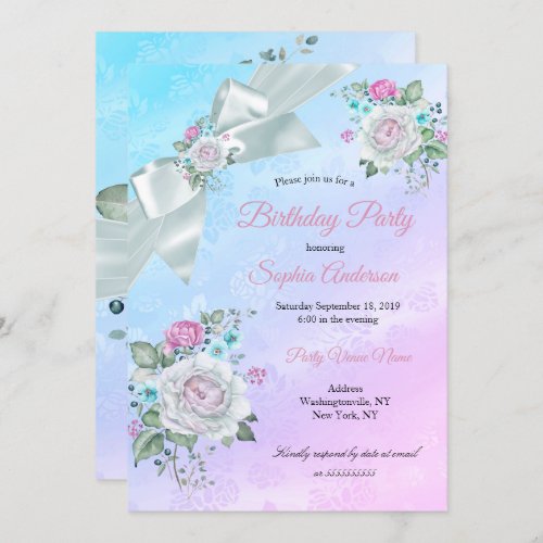 Pretty Teal Blue Floral Purple Pink Birthday Party Invitation