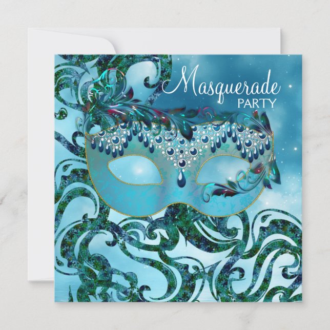 Pretty Teal Blue Masquerade Party Invitation (Front)