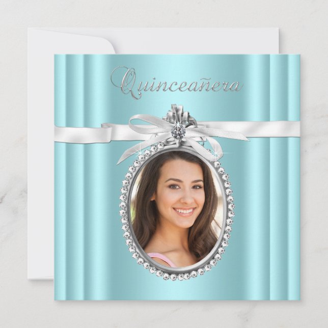 Pretty Teal Blue Photo Quinceanera Invitation (Front)