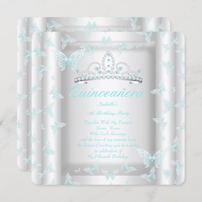 Pretty Teal Blue Quinceanera Party Tiara Butterfly Invitation (Front/Back)