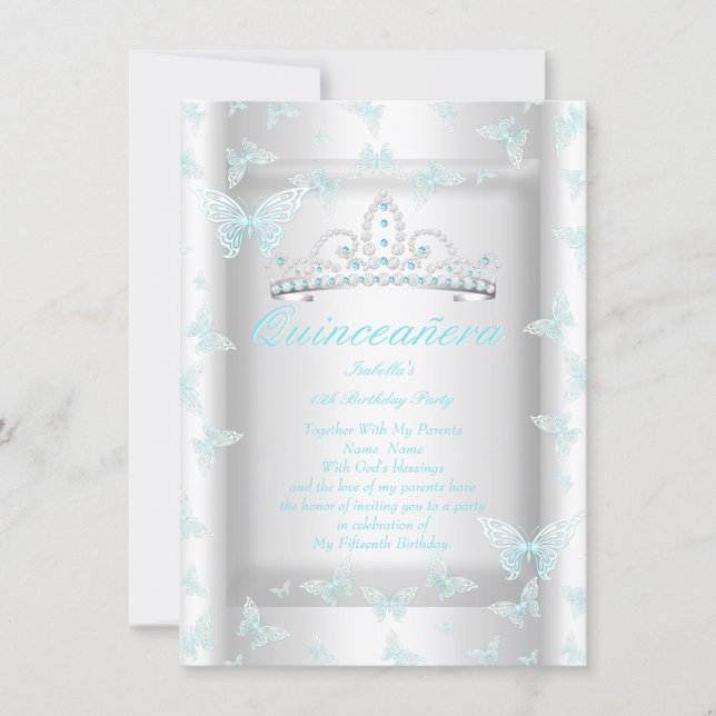 Pretty Teal Blue Quinceanera Party Tiara Butterfly Invitation (Front)
