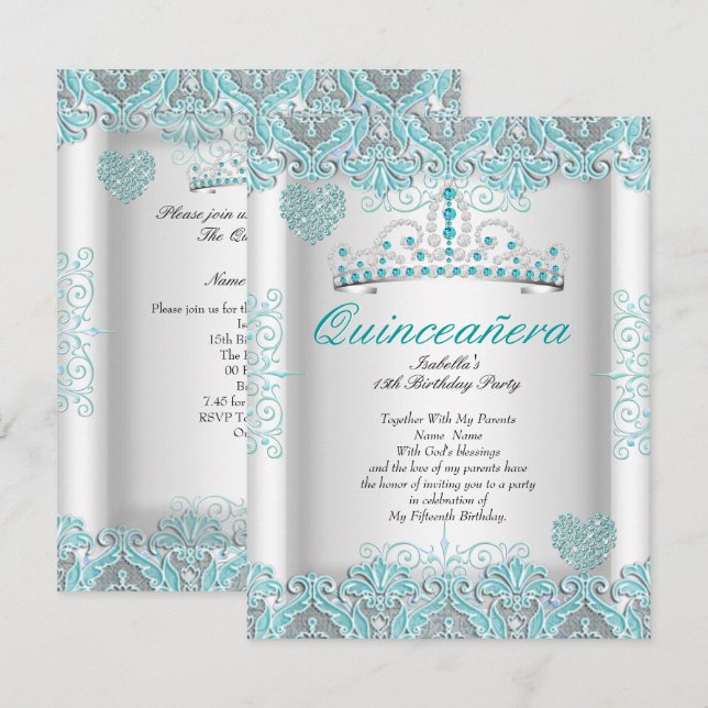 Pretty Teal Blue Quinceanera Party Tiara Hearts Invitation (Front/Back)