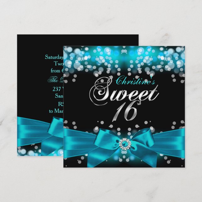 Pretty Teal Bow & Sparkle Sweet Sixteen Invitation (Front/Back)