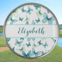 Pretty teal butterfly with custom name ladies golf ball marker