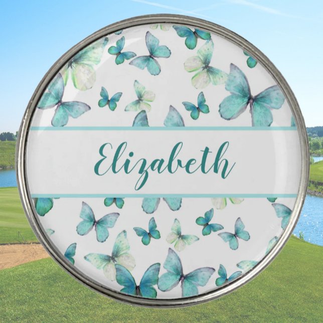 Pretty teal butterfly with custom name ladies  golf ball marker (Creator Uploaded)