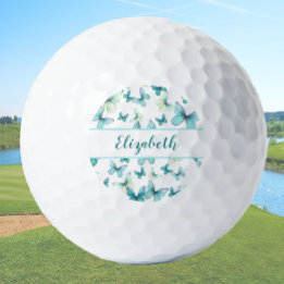 Pretty teal butterfly with custom name ladies golf balls