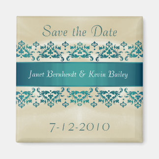Pretty Teal Damask Save the Date magnet