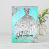 Pretty Teal Diamond Lace Sparkle Gown Quinceanera Invitation (Standing Front)
