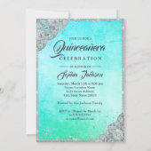 Pretty Teal Diamond Lace Sparkle Gown Quinceanera Invitation (Back)