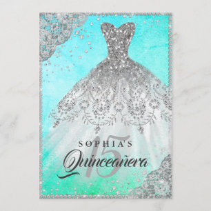 Pretty Teal Diamond Lace Sparkle Gown Quinceanera Invitation